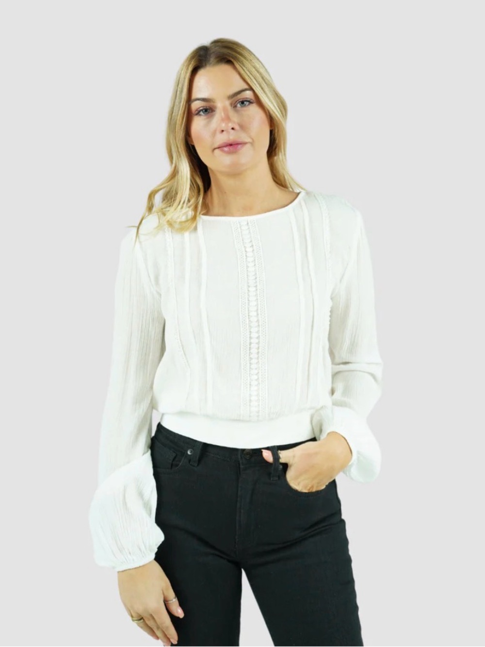 Cream Pintuck Lace-Trim Long-Sleeve Blouse